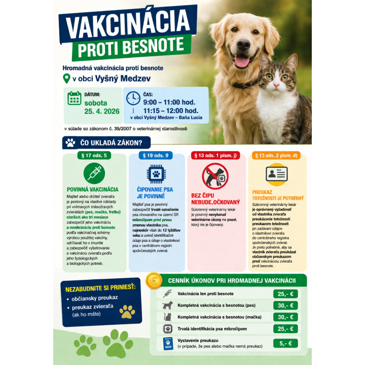 OZNAM - Vakcinácia proti besnote