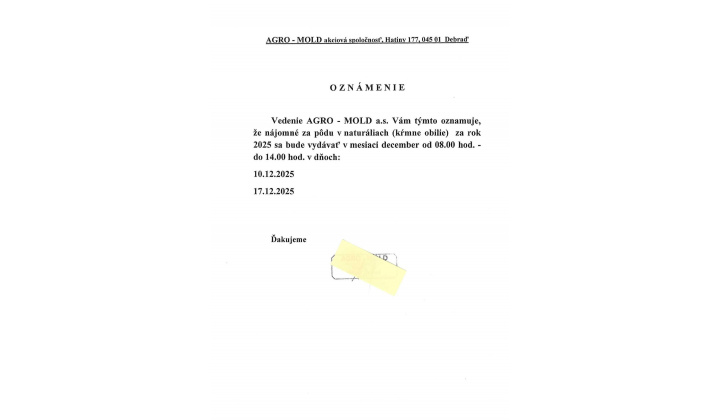 OZNÁMENIE o výdaji naturálií