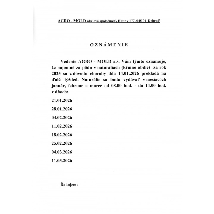 OZNÁMENIE o výdaji naturálií